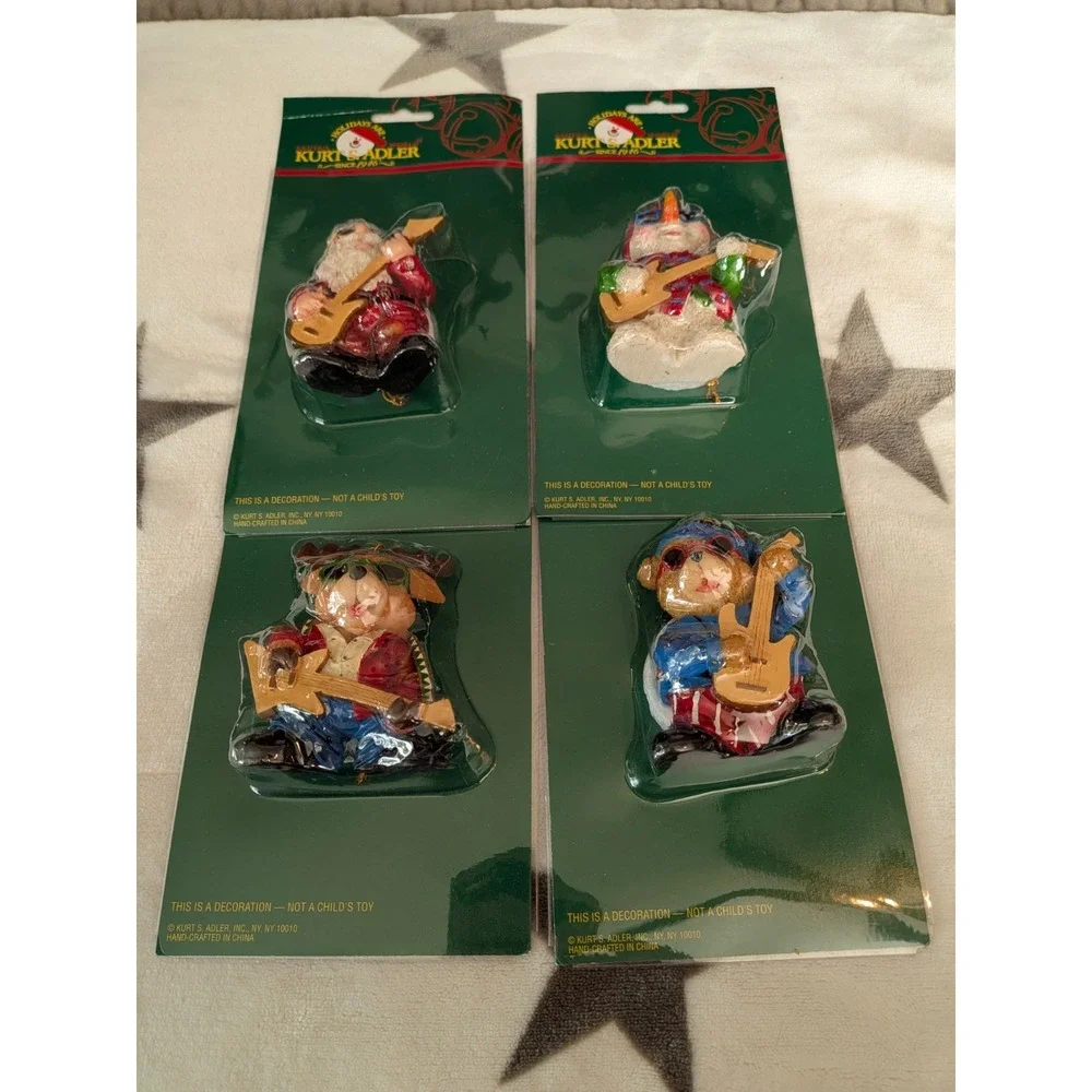 Set of 4 New Old Stock Kurt Adler Guitar Christmas Ornaments Santa, Snowman